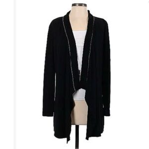 Black Textured Knit Open Front Cardigan with Silver Piping